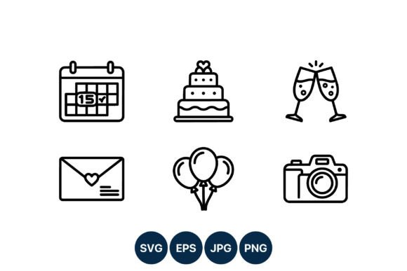Wedding Celebration Line Art Icons: Elegant Design Assets